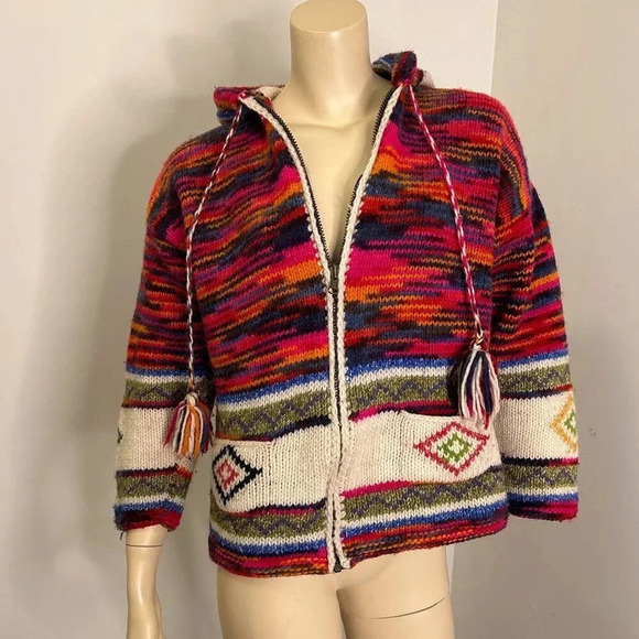 Unisex Rainbow Wool Knit Hoodie Sweater Jacket • M • Tassel Elf Hood Boho Hippie - Picture 2 of 9